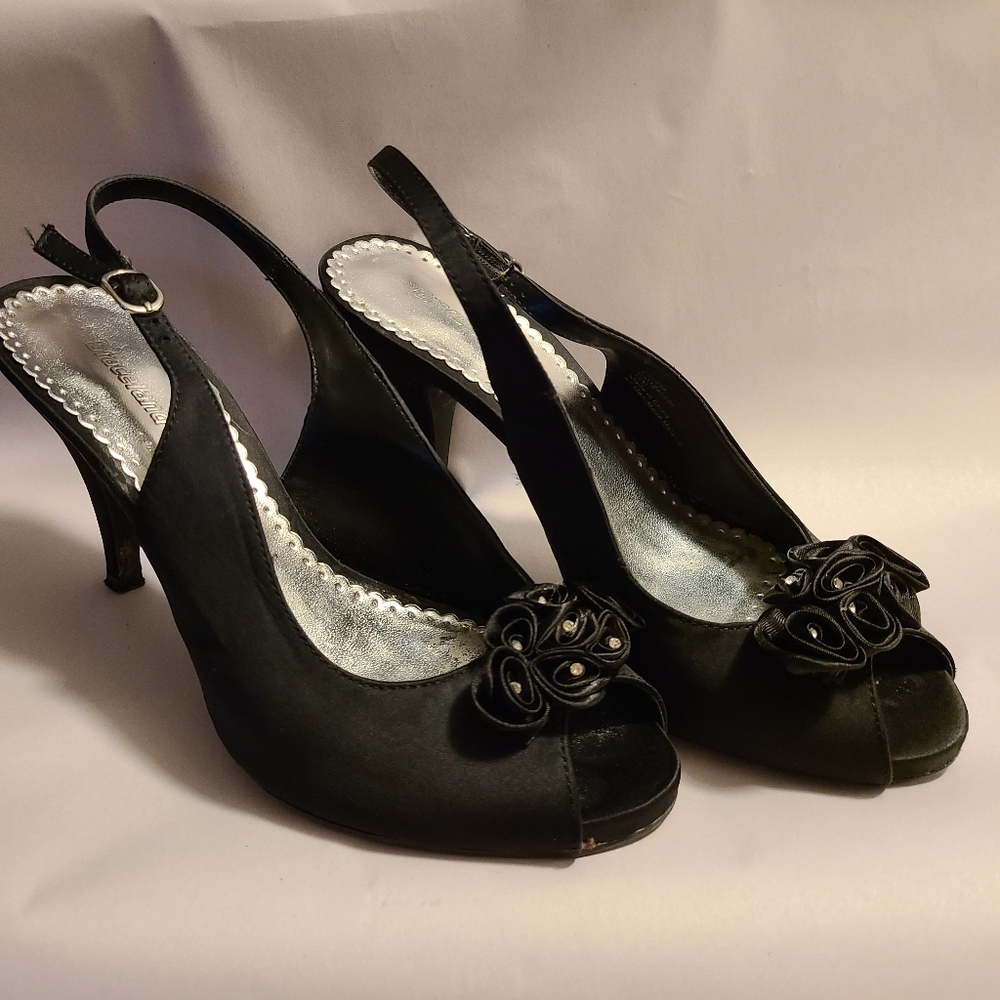 Black Satin Sling Back Open Toe Heels Flower Embellishment Size 10